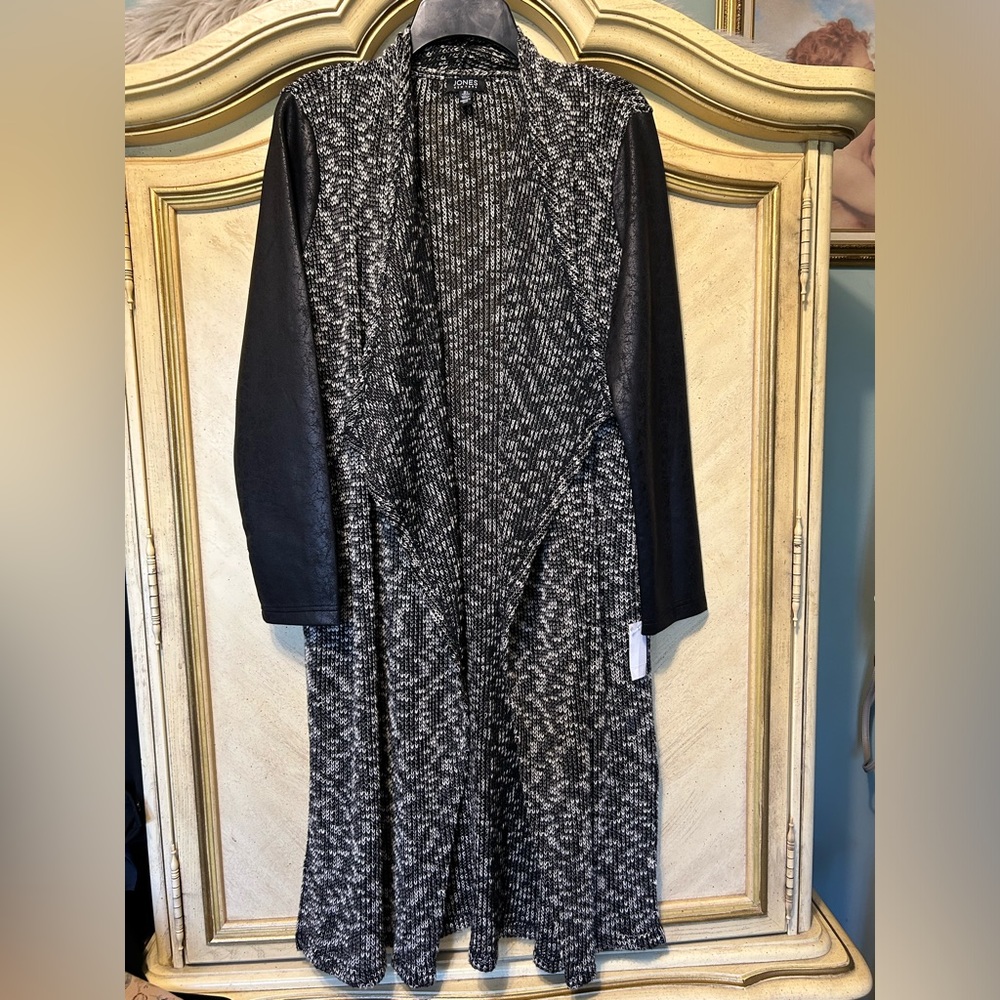 Jones New York Long Black White Faux Suede Sleeve Sweater Knit Cardigan NEW NWT